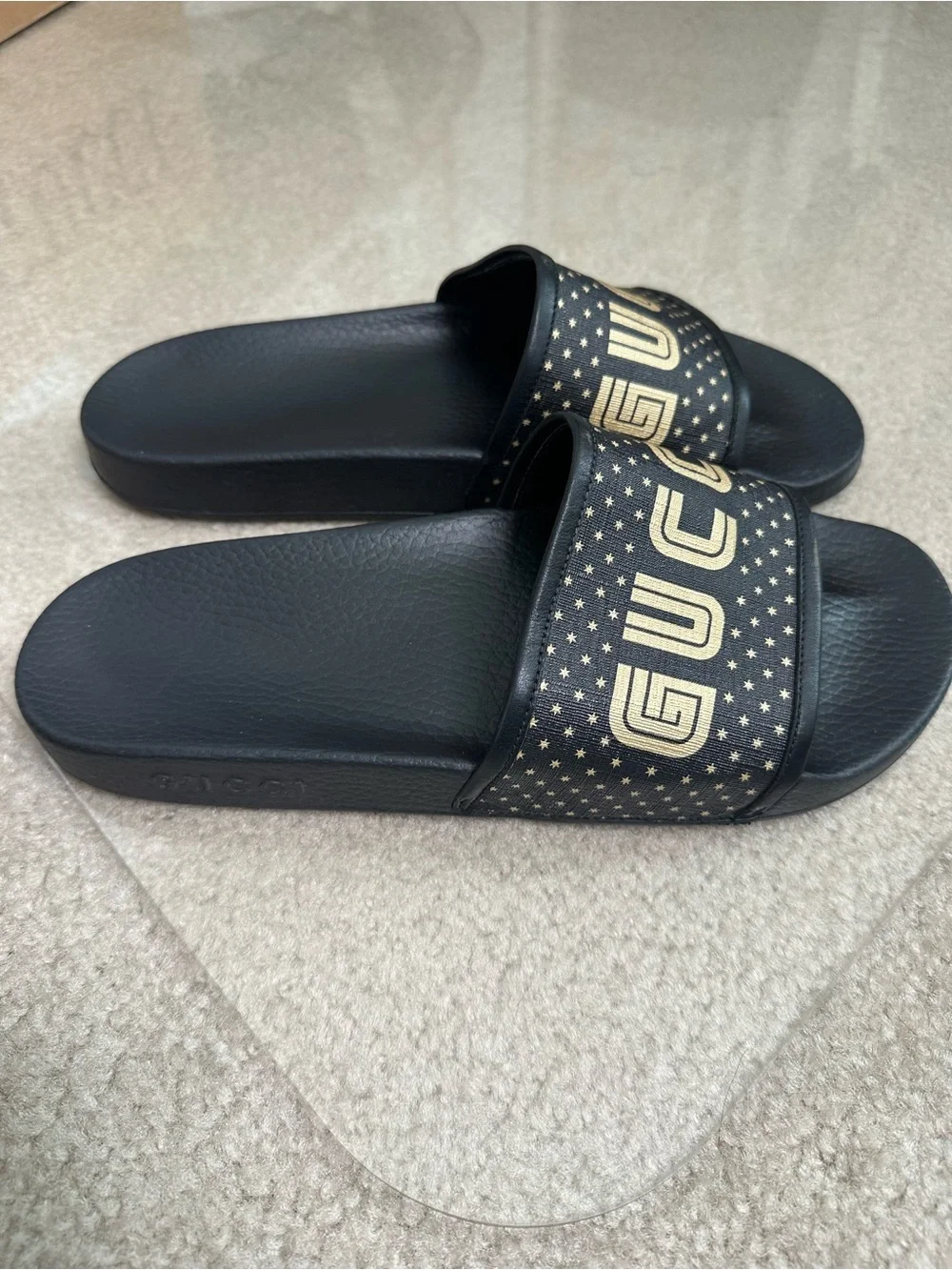 GUCCI GUCCY SEGA STARS BLACK GOLD MEN LEATHER RUBBER SLIDES SZ 11